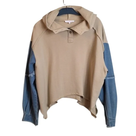 Ces Femme Oversized Cropped Sweatshirt Tan Blue Denim Block Sleeves Small - Picture 3 of 15